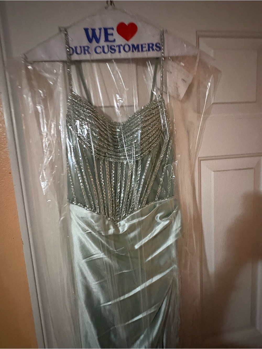 Beaded Mint Green Prom Dress with Spaghetti Straps